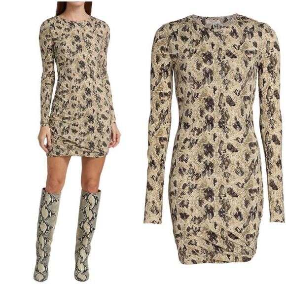 Rag & Bone NWT Poppy Draped Mini Dress Animal Print Size S Long Sleeve Snakeskin - Picture 2 of 12